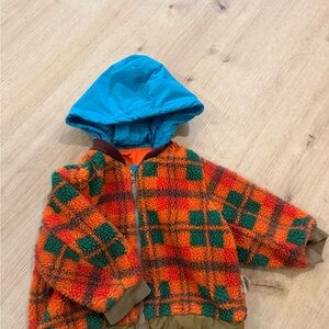 JNBY KIDS orange range Plaid fleece Jacket with blue attached hood size 80cm
